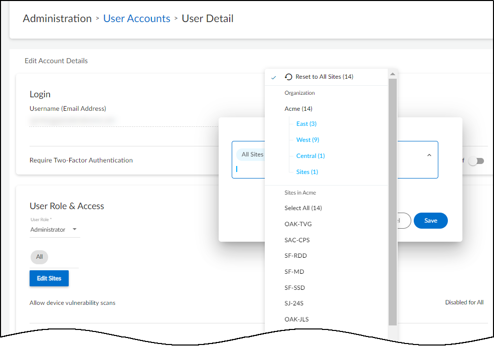 Screenshot showing site selection for user access control
