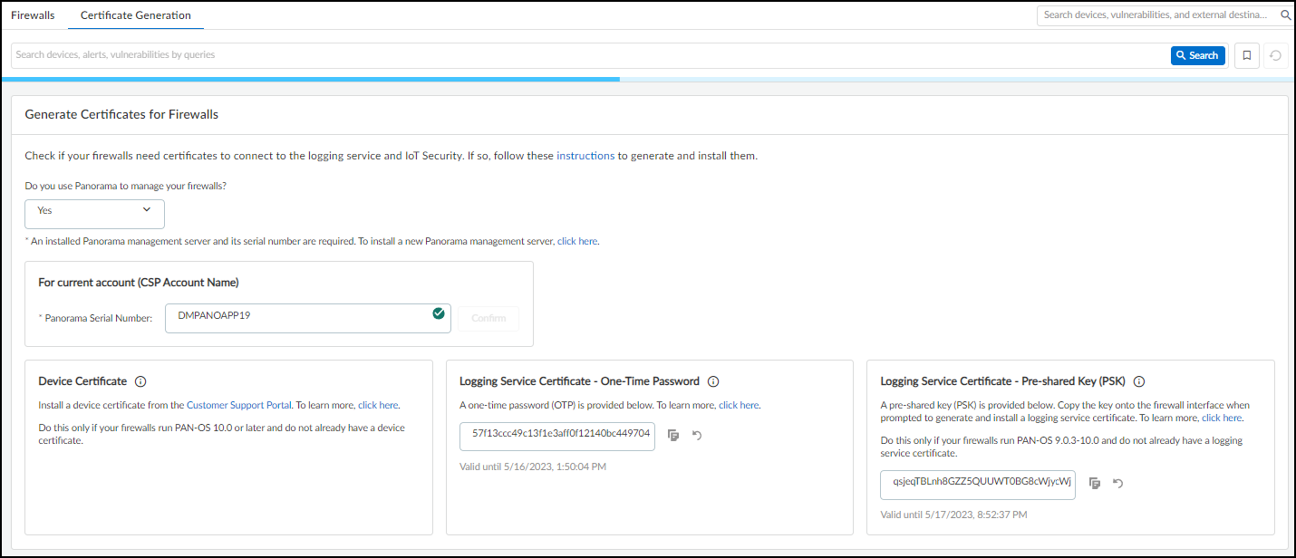 Screenshot showing certificate generation options with Panorama