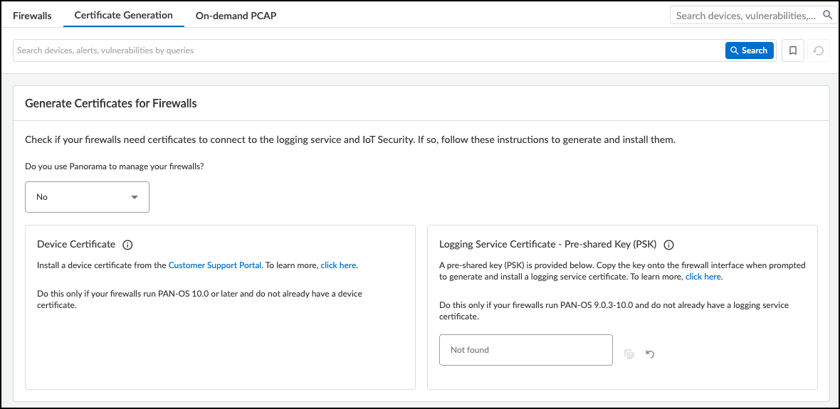 Screenshot showing certificate generation options without Panorama