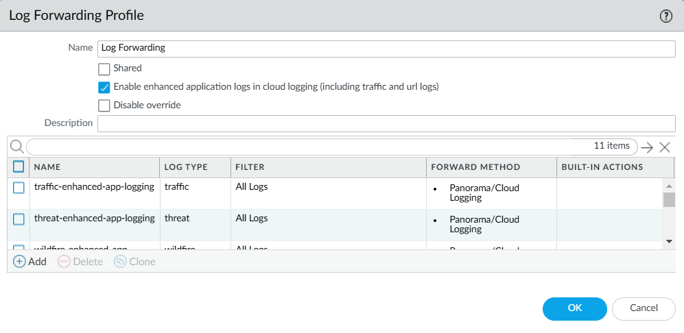 Screenshot showing Log Forwarding Profile configuration