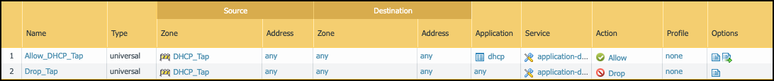 Screenshot showing policy rules for Tap traffic