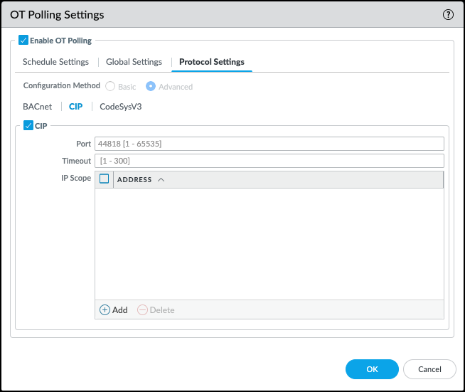 Screenshot showing OT Polling protocol settings