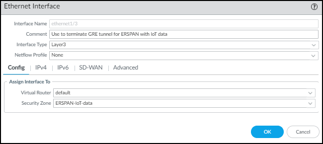 Screenshot showing Layer 3 interface configuration for ERSPAN