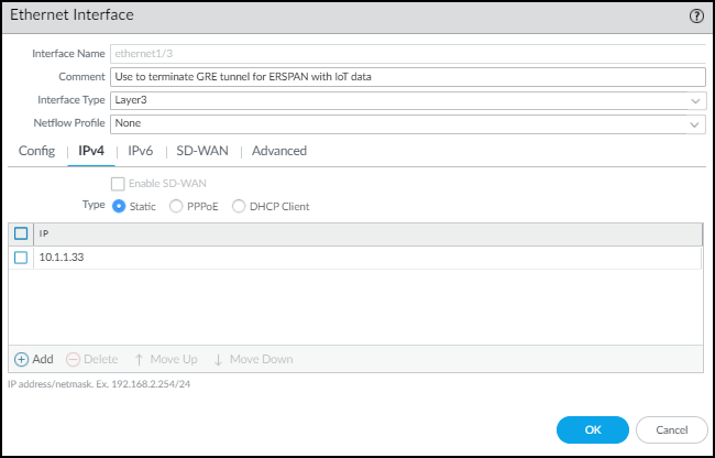 Screenshot showing IPv4 settings for Layer 3 interface