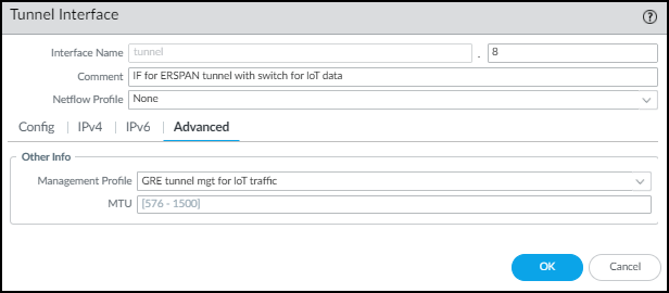 Screenshot showing Advanced settings for Tunnel interface