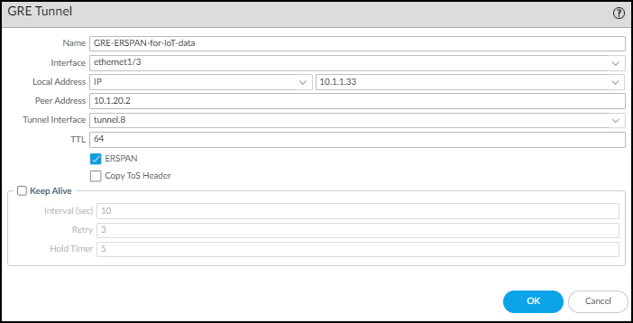 Screenshot showing GRE Tunnel configuration with ERSPAN enabled