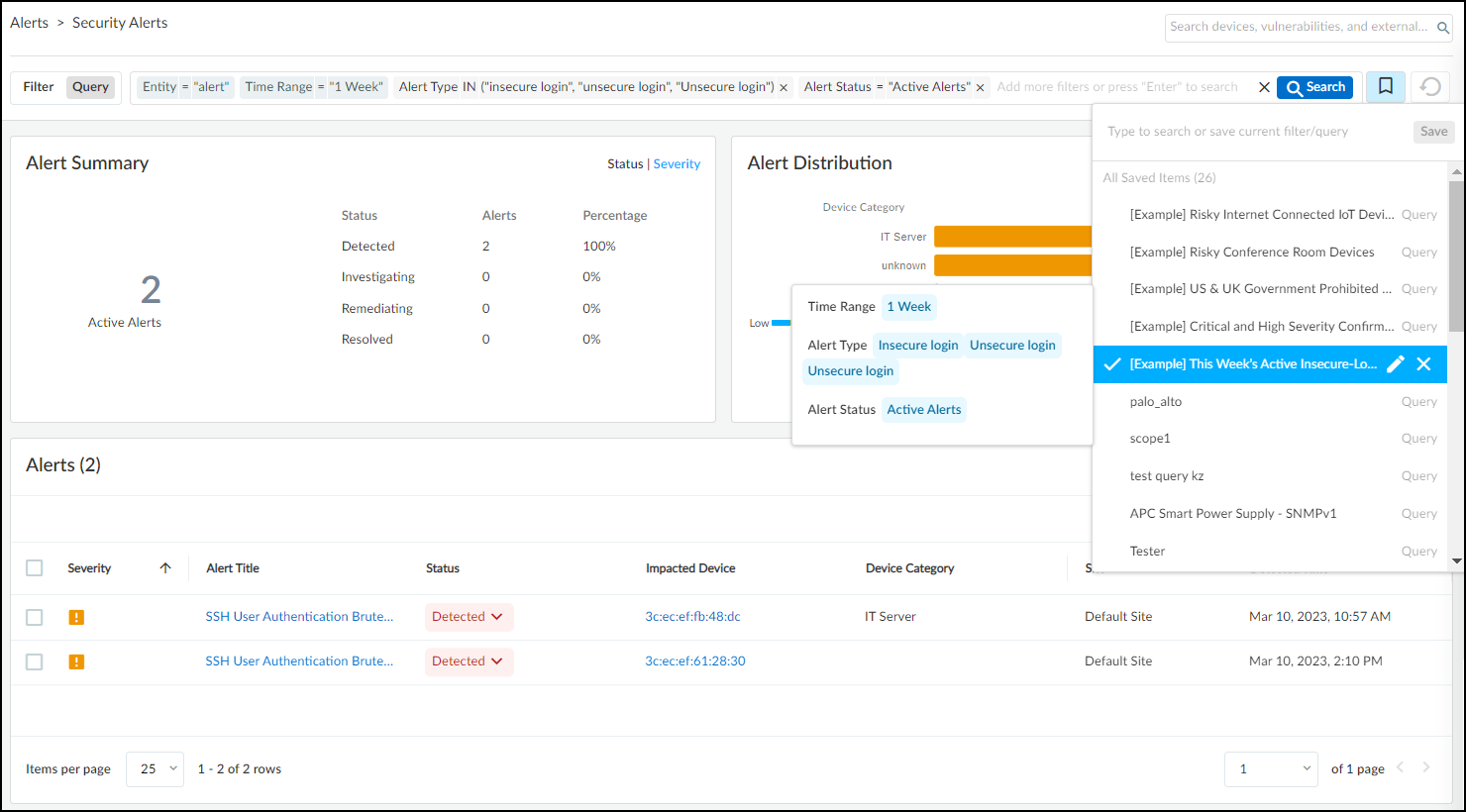 Screenshot showing example query for insecure login alerts