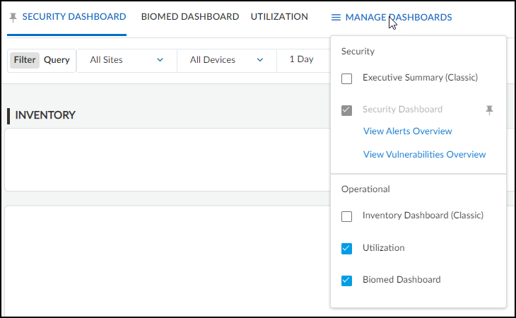 Screenshot showing Manage Dashboards menu