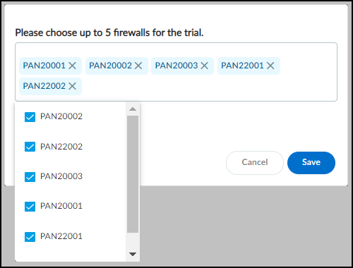 Screenshot showing firewall selection for trial