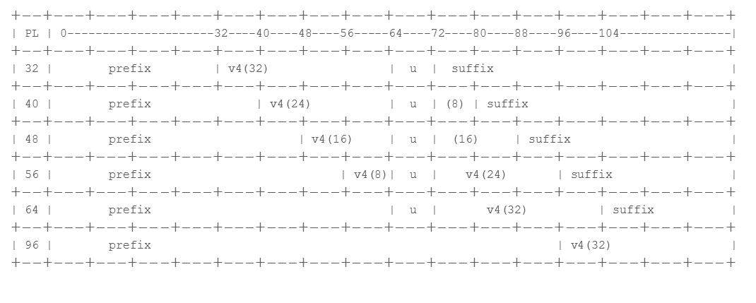 Structure of an IPv4-Embedded IPv6 Address based on prefix length