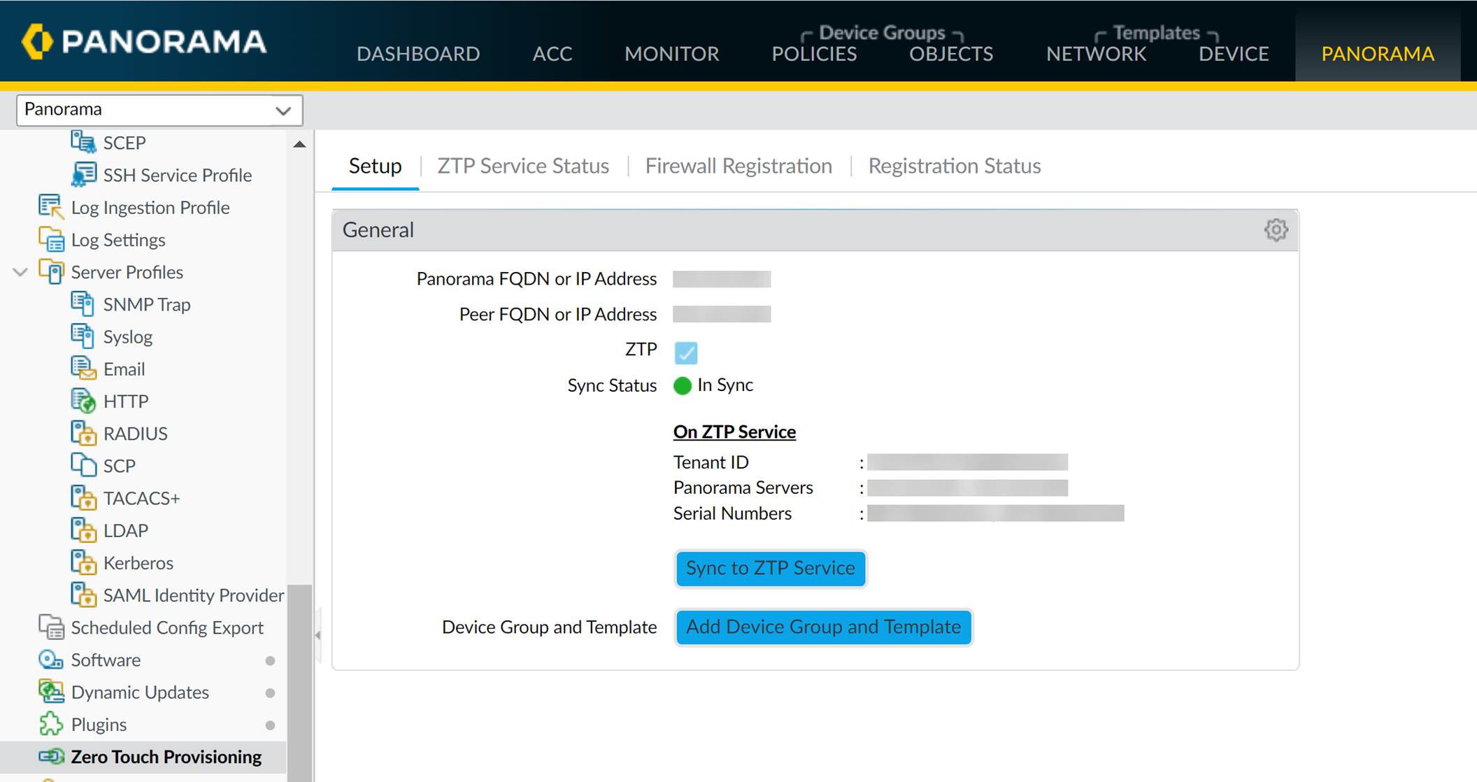 Screenshot of Panorama ZTP Setup page showing the 'Sync to ZTP Service' button and 'Panorama Sync Status: In Sync'.
