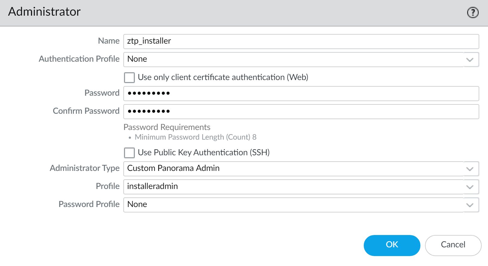 Screenshot of Panorama 'Add Administrator' dialog showing Name, Password, Administrator Type set to 'Custom Panorama Admin', and Profile set to 'installeradmin'.
