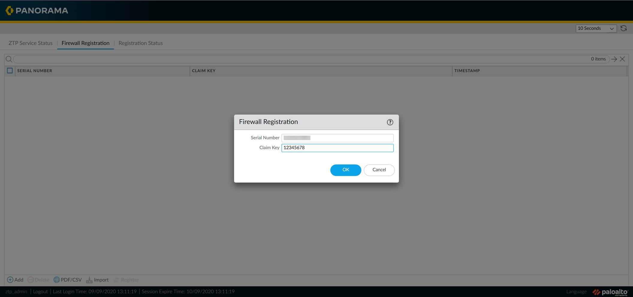 Screenshot showing the ZTP Firewall Registration page in Panorama with 'Add' button and fields for Serial Number and Claim Key.