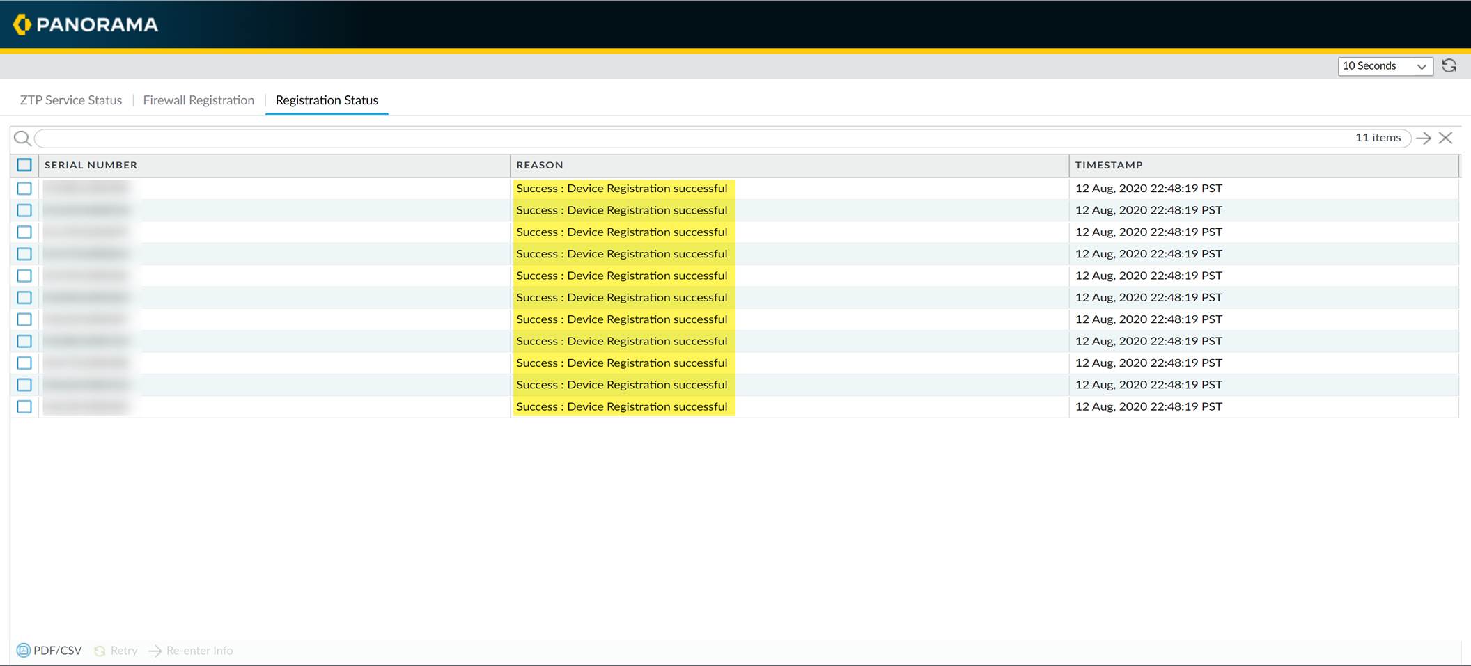 Screenshot showing the Registration Status dialog with firewall serial number and successful registration status.