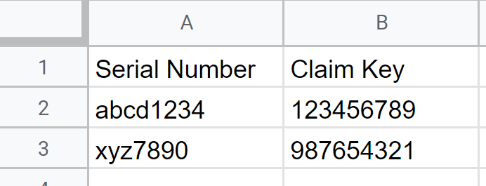 Example CSV file format showing two columns: Serial Number and Claim Key, with sample data.