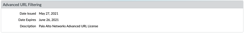 Screenshot of PAN OS Device Licenses showing Advanced URL Filtering license.