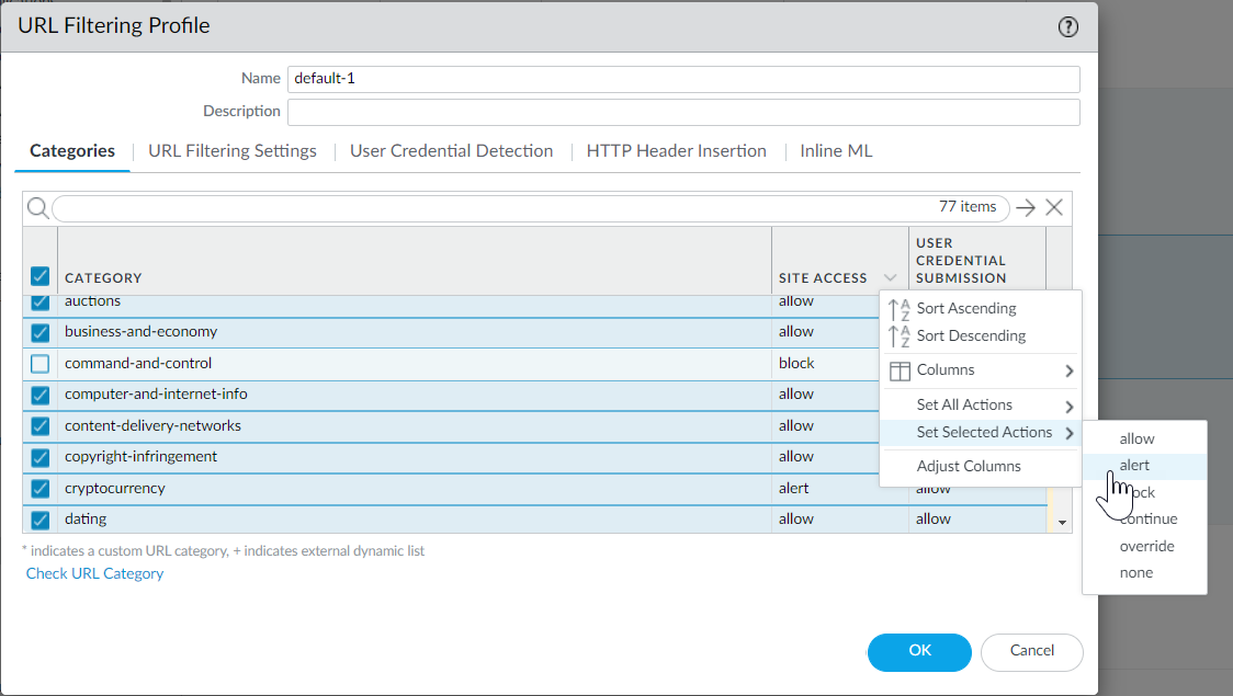 Screenshot of PAN OS URL Filtering Profile Categories action setting.