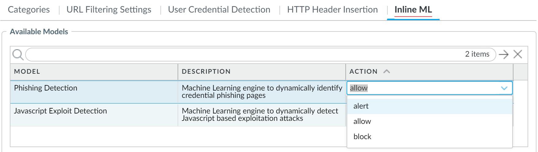 Screenshot of PAN OS URL Filtering Profile Inline ML Exceptions (older UI).
