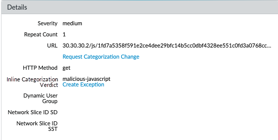 Screenshot of PAN OS URL Filtering logs filtered by Inline ML Verdict.