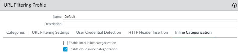 Screenshot of PAN OS URL Filtering Profile Inline Categorization settings.