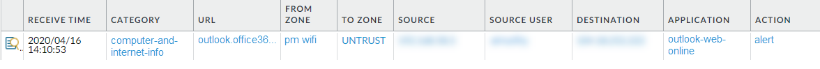 Screenshot of PAN OS Monitor Logs URL Filtering with 'Credential Detected' column.