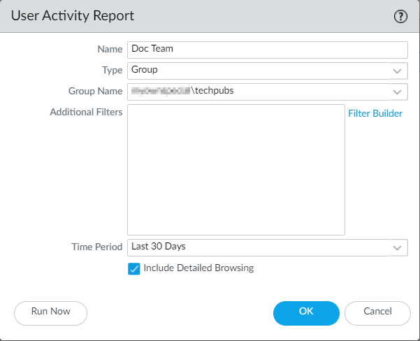 Screenshot of PAN OS Monitor PDF Reports User Activity Report configuration.