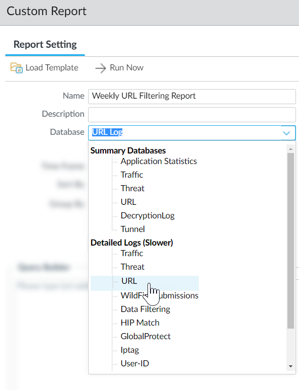 Screenshot of PAN OS Monitor Manage Custom Reports Query Builder for URL logs.