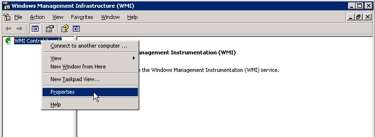 Screenshot of the WMI Management console (wmimgmt.msc).