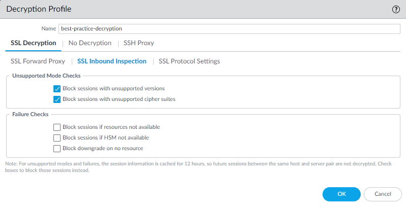 SSL Inbound Inspection Profile settings screenshot