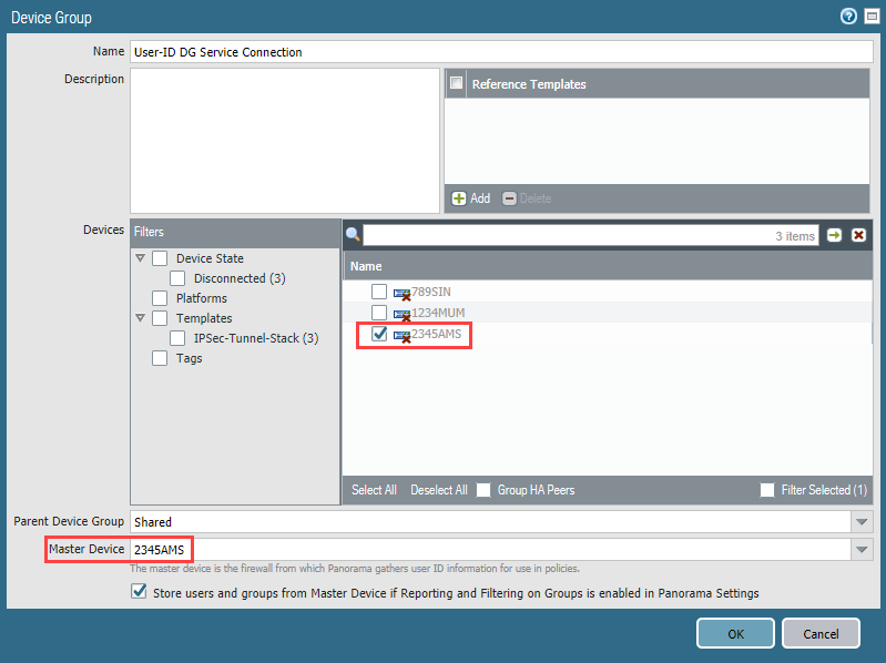 Screenshot showing adding a Device Group and selecting a Master Device in Panorama.