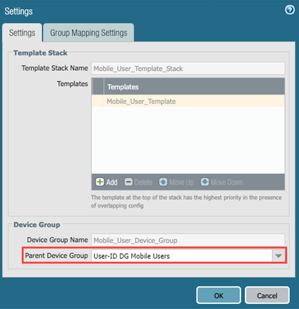 Screenshot associating Parent Device Group for Mobile Users.