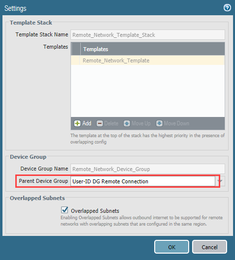 Screenshot associating Parent Device Group for Remote Networks.