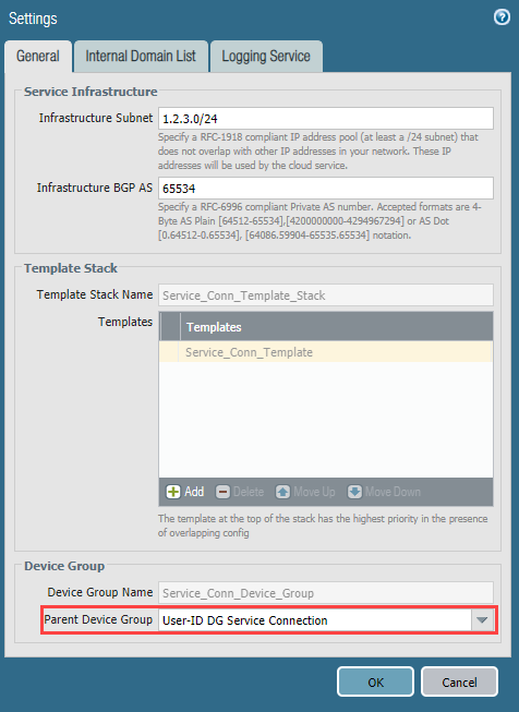 Screenshot associating Parent Device Group for Service Connections.