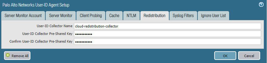 Screenshot configuring User-ID Agent Redistribution settings in Panorama Template.