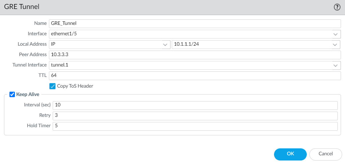 Configuring the GRE Tunnel parameters: Name, Local/Peer IP, Physical/Tunnel Interface