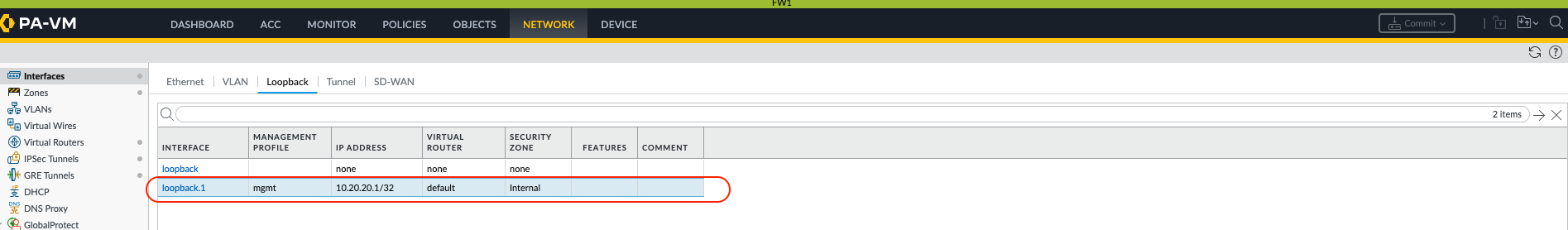 Configuring loopback interface IP address on FW-A