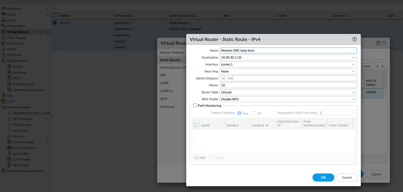 Configuring static route on FW-A for FW-B's loopback via IPsec tunnel.1