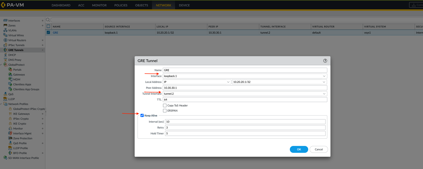 Configuring GRE tunnel parameters on FW-A using loopback IPs as endpoints
