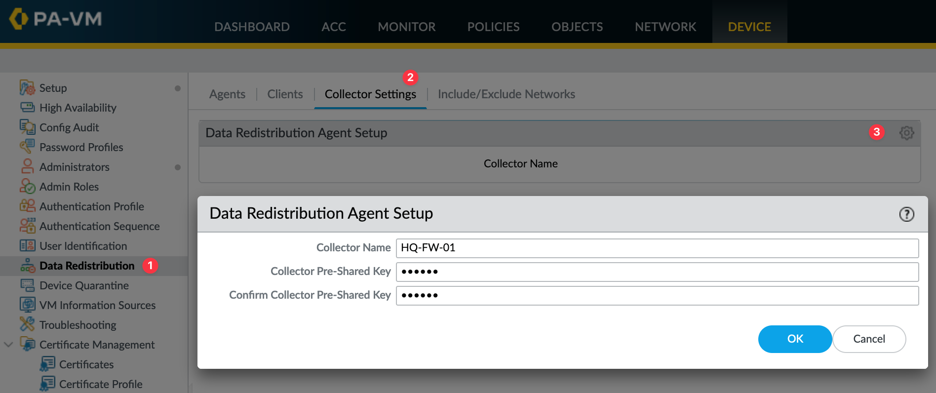 Screenshot of Firewall Data Redistribution Collector Settings configuration.