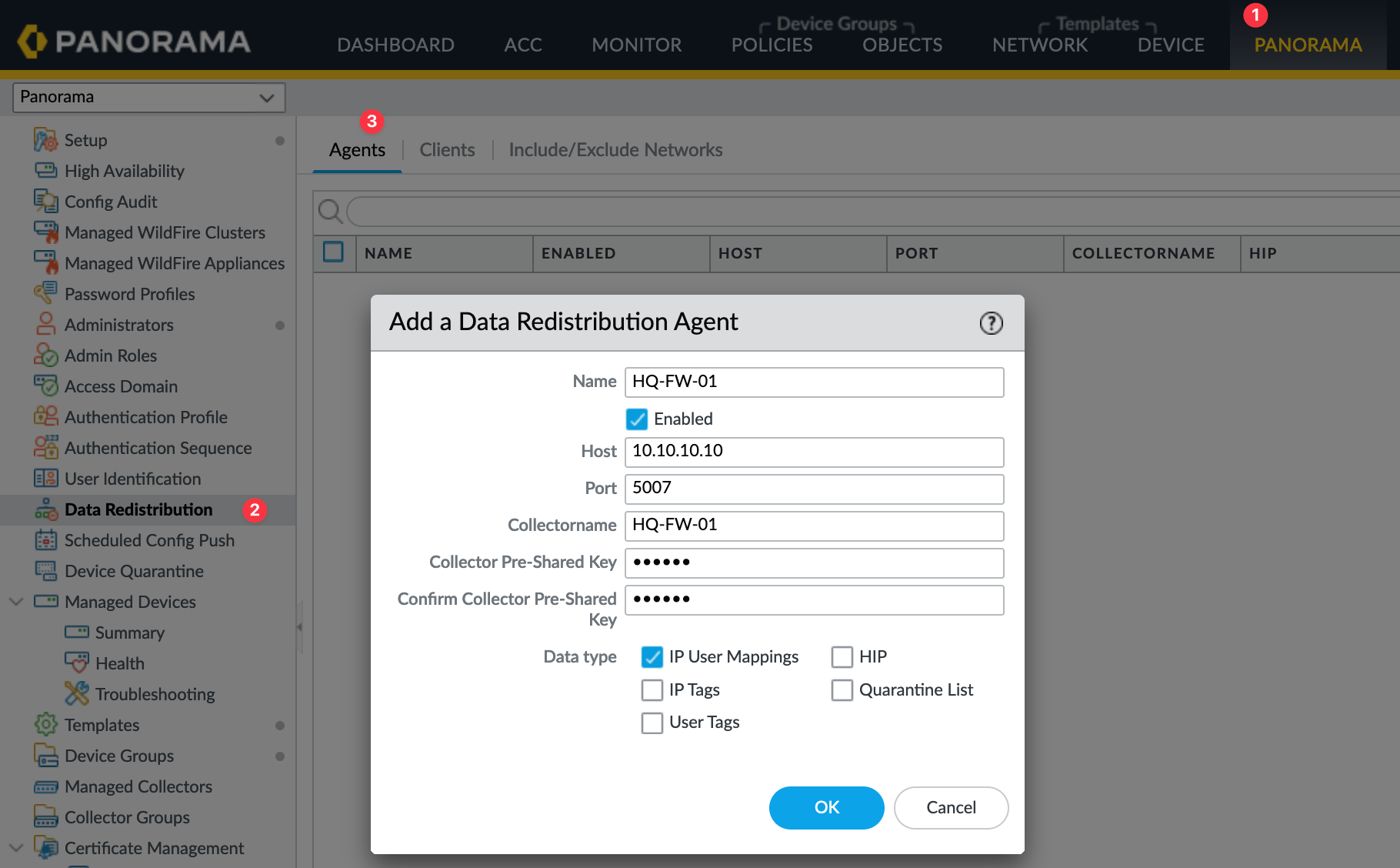 Screenshot of Panorama Data Redistribution Agents configuration, adding a firewall agent.
