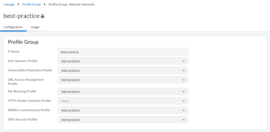 Screenshot of Strata Cloud Manager Security Policy Rule Actions Profile Group selection.