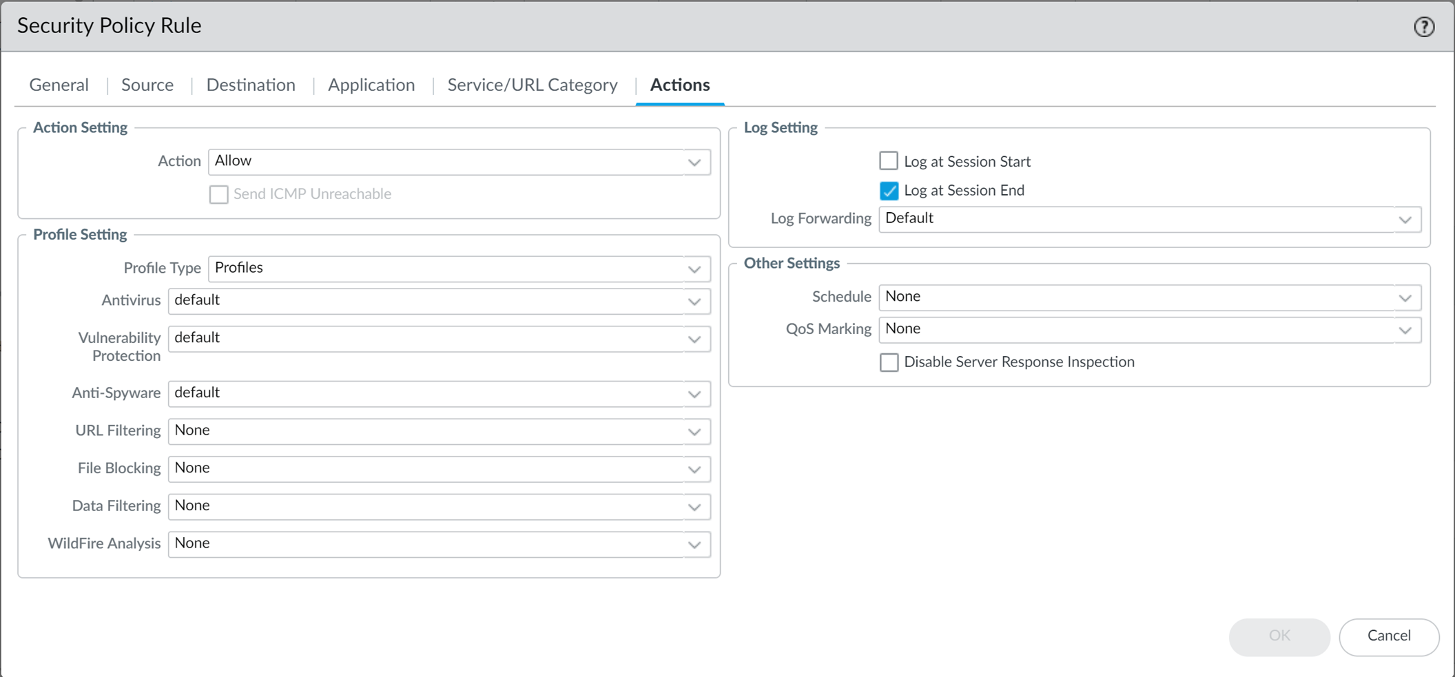 Screenshot of PAN-OS Security Policy Rule Actions Profile Settings.