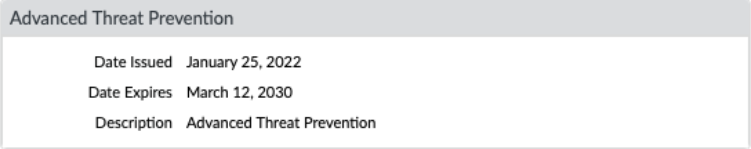 Screenshot of PAN-OS Device Licenses showing Advanced Threat Prevention license.