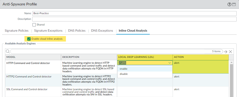 Screenshot of PAN-OS Objects Security Profiles Anti-Spyware Inline Cloud Analysis settings.