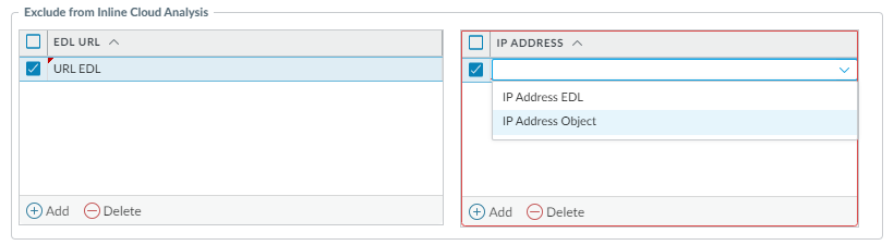 Screenshot of PAN-OS Anti-Spyware/Vulnerability Profile Inline Cloud Analysis Exceptions.