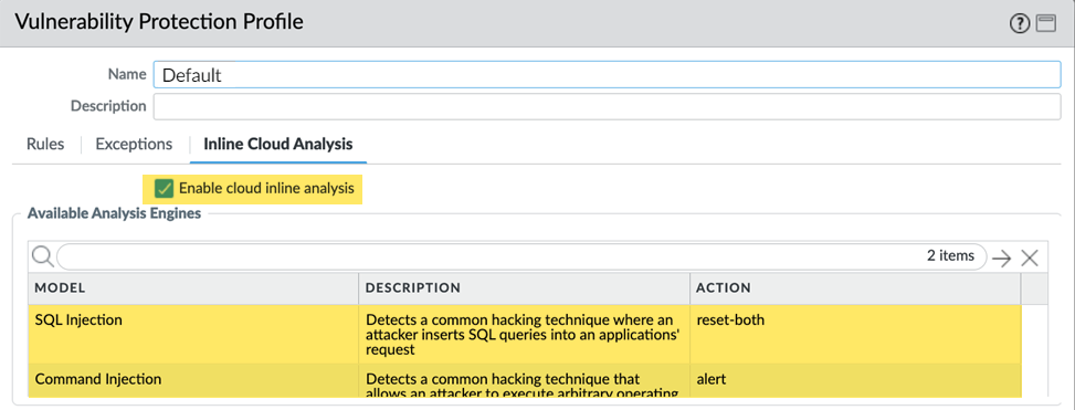 Screenshot of PAN-OS Objects Security Profiles Vulnerability Protection Inline Cloud Analysis settings.