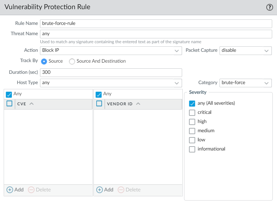 Screenshot of PAN-OS Vulnerability Protection Profile Rules Bruteforce rule setting.