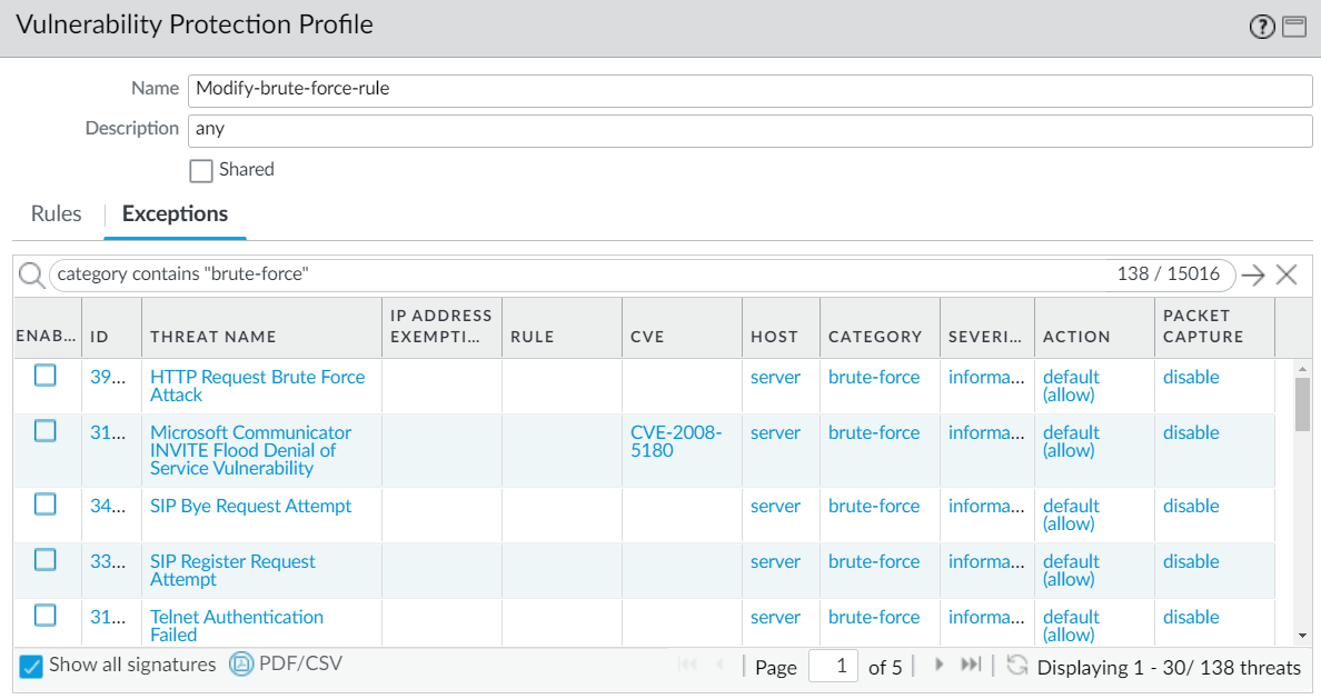 Screenshot of PAN-OS Vulnerability Protection Profile Exceptions Show all signatures button.