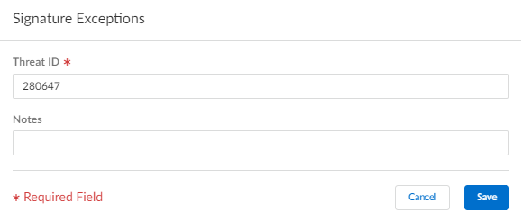 Screenshot of Strata Cloud Manager WildFire and Antivirus Profile Add Signature Exception.