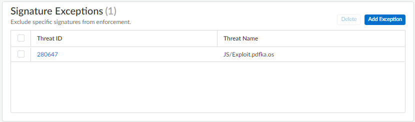 Screenshot of Strata Cloud Manager WildFire and Antivirus Profile Signature Exceptions list.